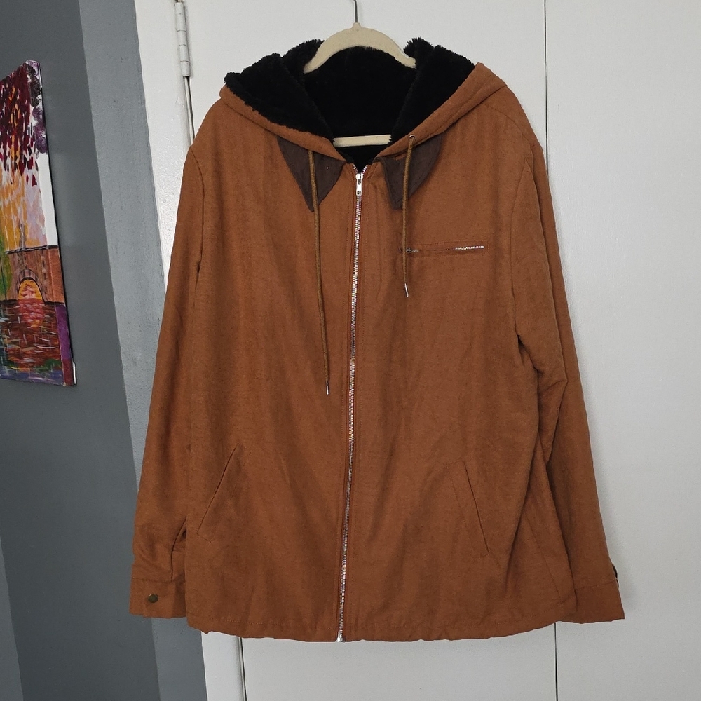 Brown Hooded Jacket with Black Faux Fur Lining